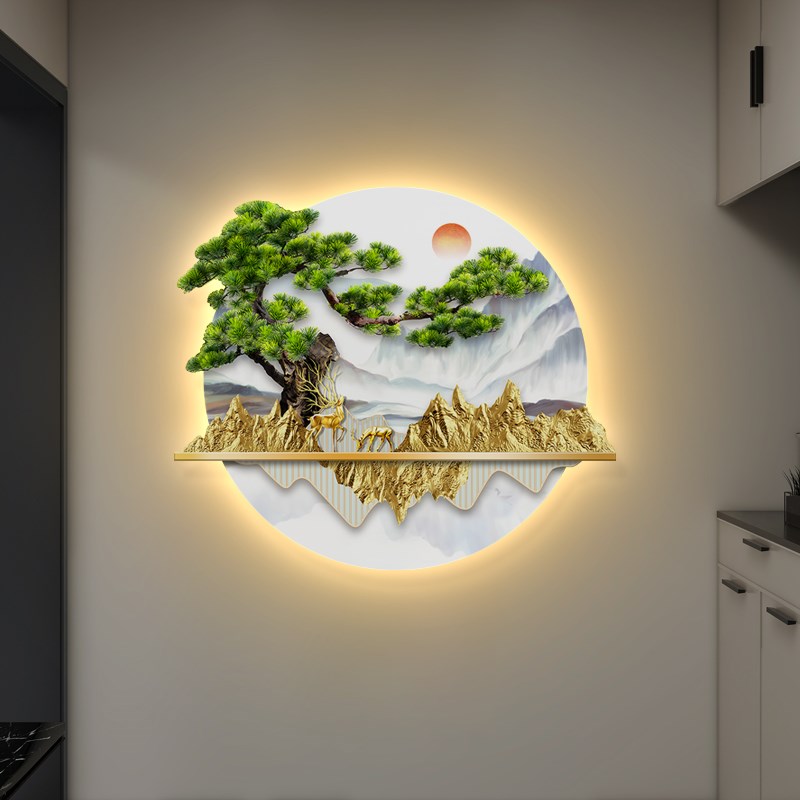 迎客松玄b关装饰画入户简约壁画新中式走廊过道灯画发光茶室挂画