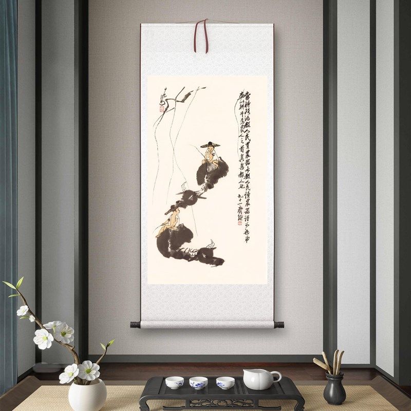 齐白石《牧牛图》客厅r书房茶室装饰画挂画玄关水墨高清卷轴字画
