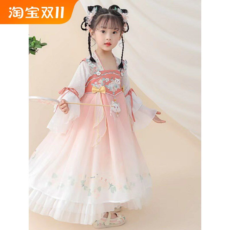 重工汉服女童国风表演服高级礼服超仙粉色儿童连衣裙童装春夏唐装