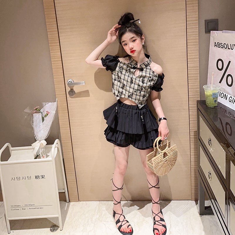 辣妹洋气旗袍上衣蛋糕裙子两件套气质感网红炸街套装女童夏季新款