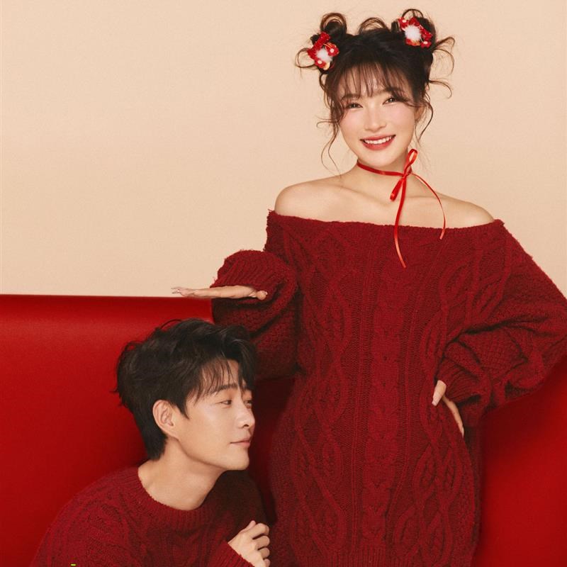影楼新年红色喜庆主题情侣孕妇照写真服夫妻孕期拍照主题摄影服饰