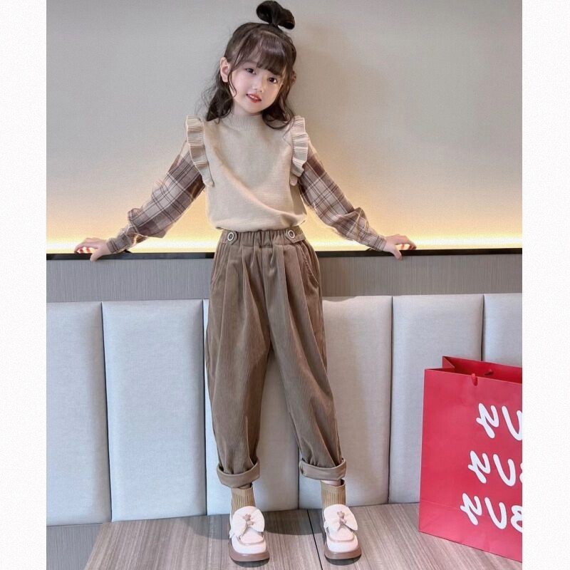 女童套装春秋款2023新款小女孩洋派时尚拼接格子毛衣两件套秋装潮
