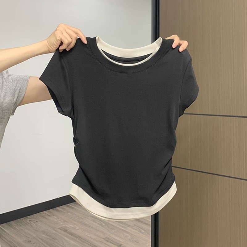 女童假两件正肩短袖T恤夏季2025新款修身小女孩夏款儿童短款上衣