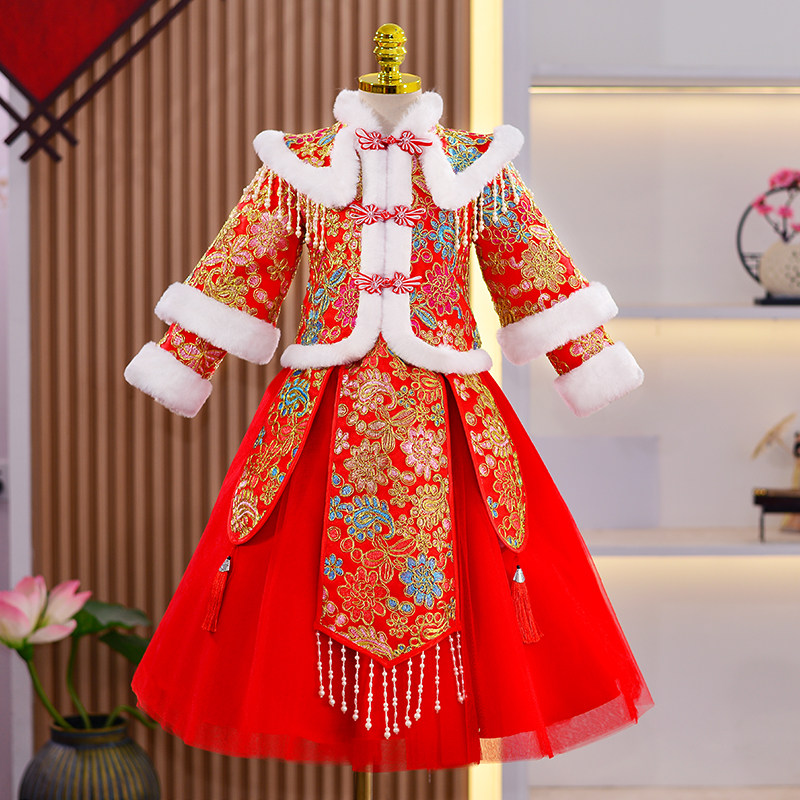 拜年服女童汉服冬款儿童古装过年服古风女孩新年衣服喜庆唐装冬季