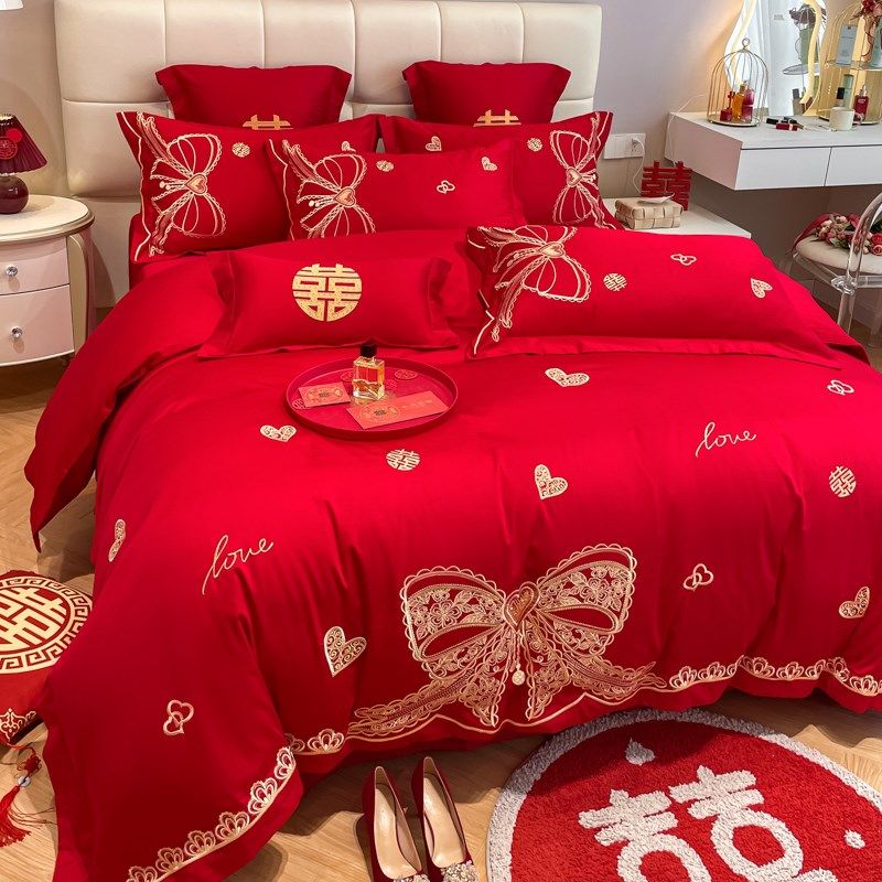 婚庆四件套高档大红色磨r毛加厚被套结婚喜被床上用品中式新婚床