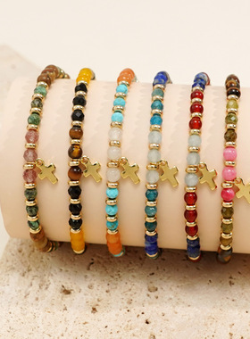 欧美新款哥特十字架天然半宝石手链女士手工编织手绳学生串珠饰品