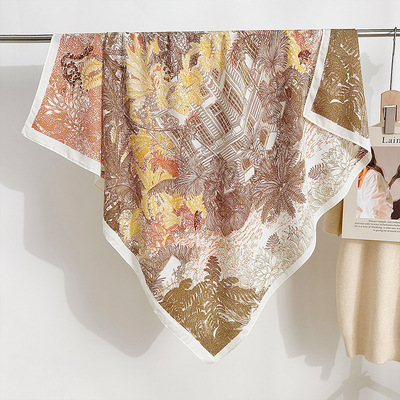 复古撞色印花人字纹90方巾女气质