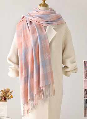 经典细方格纹仿羊绒围巾女 冬季保暖情侣好搭流苏围脖高级感披肩