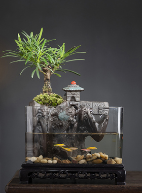 小型植物鱼缸造景假山罗汉松客厅流水摆件循环水景观创意家居饰品