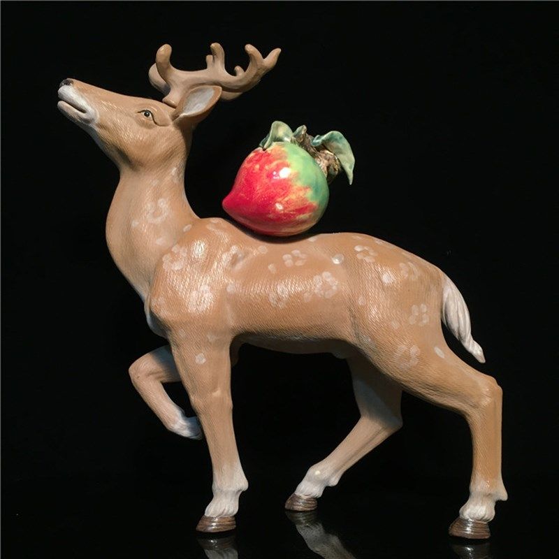 石湾公仔陶瓷梅花鹿摆件寿桃家居客厅玄关电视柜装饰品乔迁送礼品