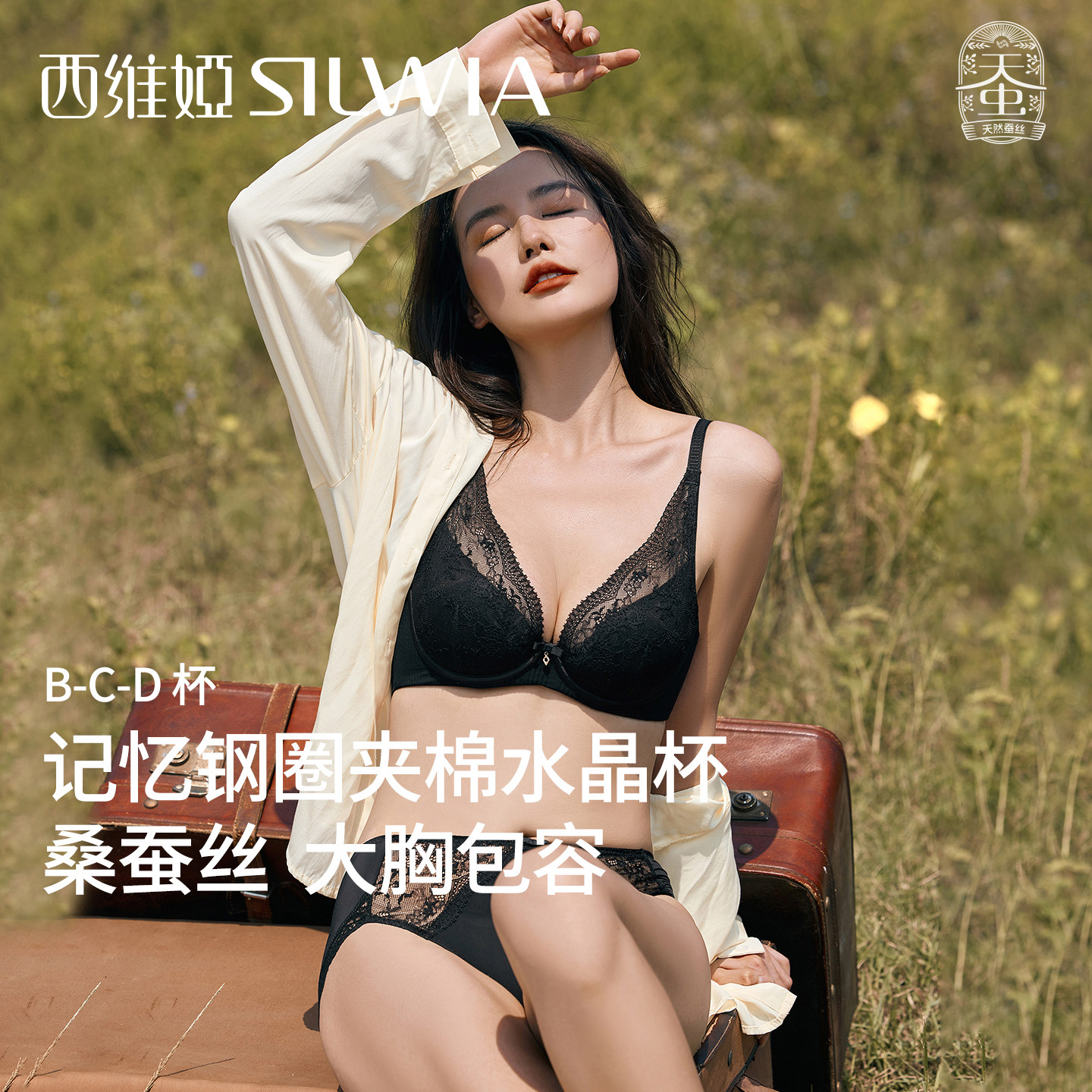 西维娅记忆钢圈夹棉水晶杯调整型文胸性感深V小胸聚拢美背内衣女