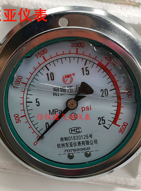 杭州东亚耐震压力表YN-100ZT轴向带边抗震0-2.5 1.6防震油压 液压