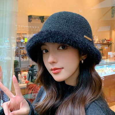 卷边翘沿毛绒拼接盆帽子女秋冬季绒线渔夫帽法式优雅厚款保暖线帽