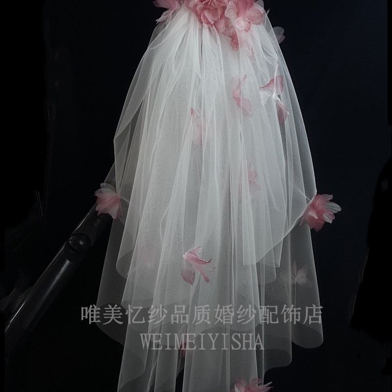 新款玫红色头纱个性时尚新娘婚纱头饰双层蓬蓬短款影楼简约配饰