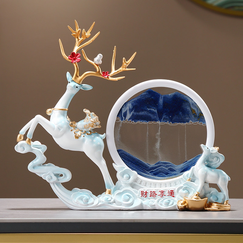 新中式一鹿生财j流沙画桌面家居摆饰客厅酒柜装饰品乔迁新居礼品