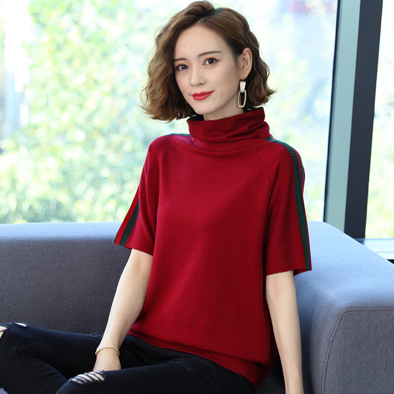100纯羊毛衫女高领短袖毛衣t恤宽松上衣半袖针织打底衫薄款百搭