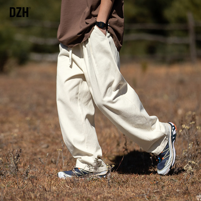 男生米白色裤子男款纯棉工装裤阔腿裤男夏季薄款休闲裤长裤直筒裤