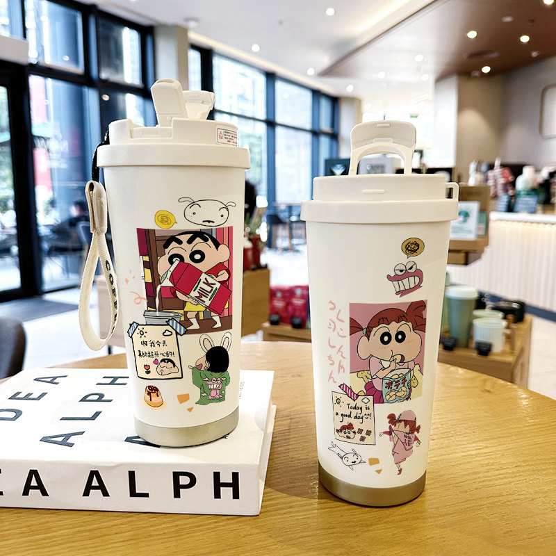 蜡笔小新保温杯女生2025新款水杯妮妮高颜值学生可爱便携吸管杯子