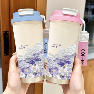 紫色花海保温杯女高颜值大容量咖啡杯子办公室2025新款ins风杯子