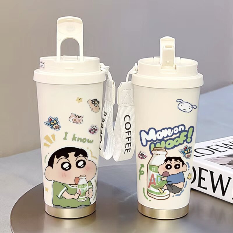 蜡笔小新保温杯女生高颜值2025新款吸管大容量学生上学用双饮水杯