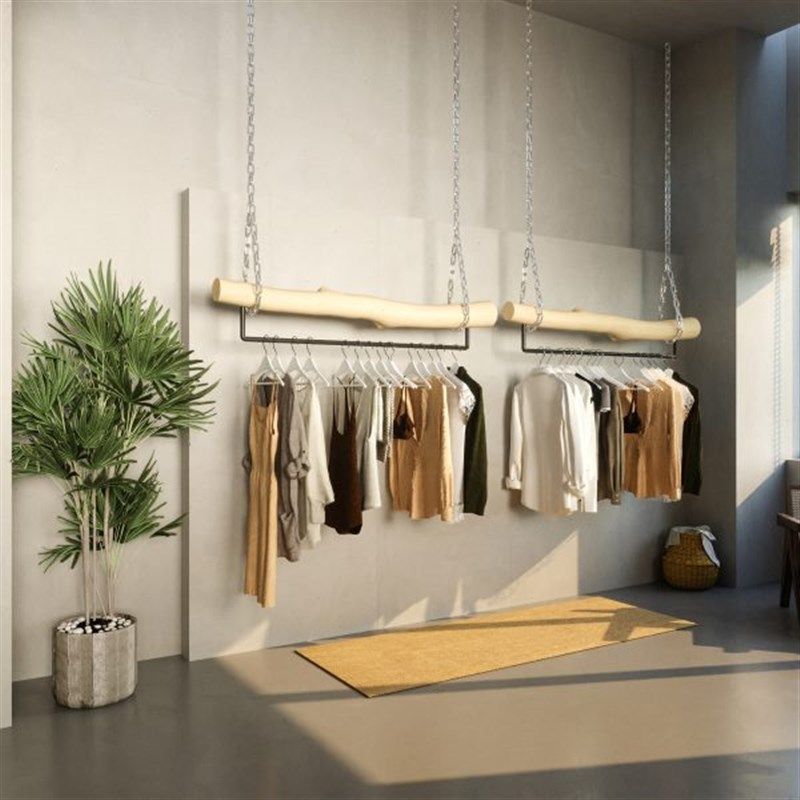 实木悬挂服装架不锈钢衣架服装店吊架陈列铁链升降侧挂架展示衣架