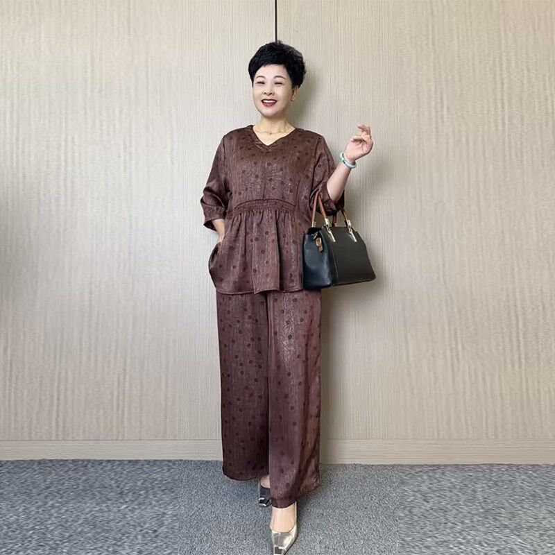 夏季新款高c品质妈妈装宽松缎面两件套洋气大码遮肚显瘦体恤阔腿