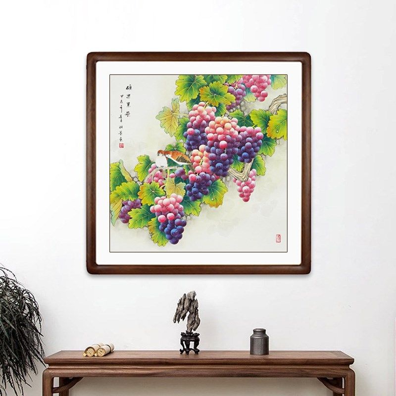 纯手绘葡萄工笔画国画新中式装饰画餐厅入户玄关挂画走廊硕果累累
