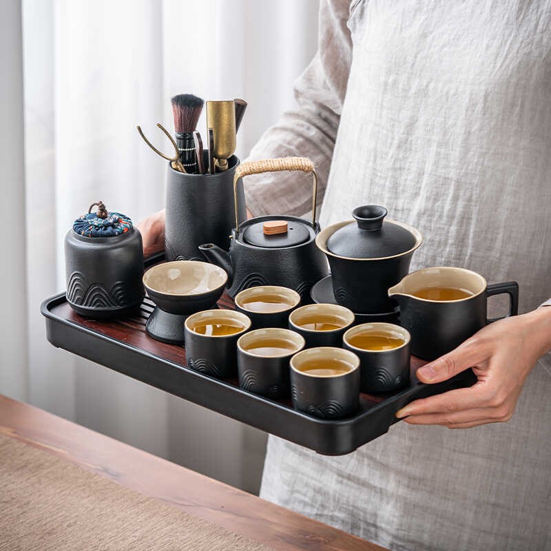 茶具套装2024新款家用陶瓷中式功夫泡茶壶办公室简易茶盘黑陶茶杯