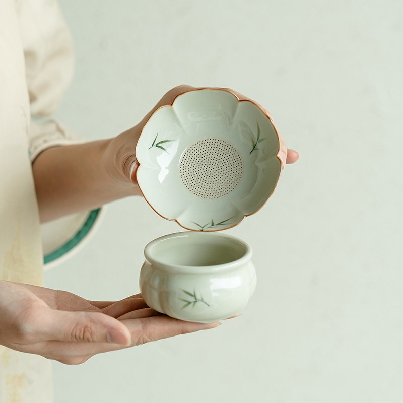 拓土茶漏泡茶神器滤茶器纯手绘筱竹花型茶滤组陶瓷带过滤网滤茶器