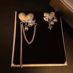 朋克爱心设计感流苏链条耳环个性夸张不对称款ab耳钉2024新款爆款
