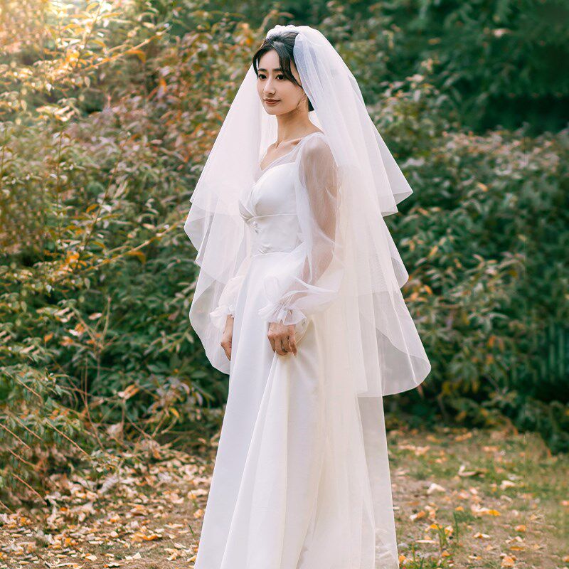 多层法式中长款拍照新娘主w婚头纱软纱求婚订婚四层素纱超仙