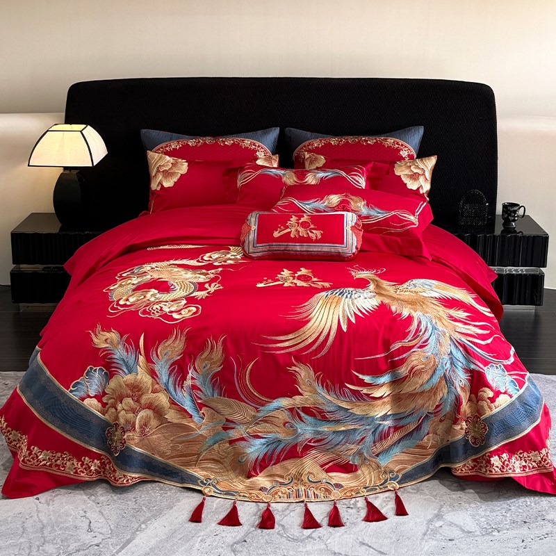 中式龙凤新婚庆床品四件套全棉100支刺绣大红色结婚房2米被套床单