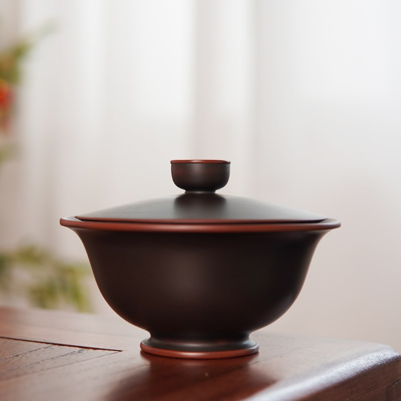 小自在盖碗 广西省工赖石刻广西坭兴陶原矿紫陶茶具
