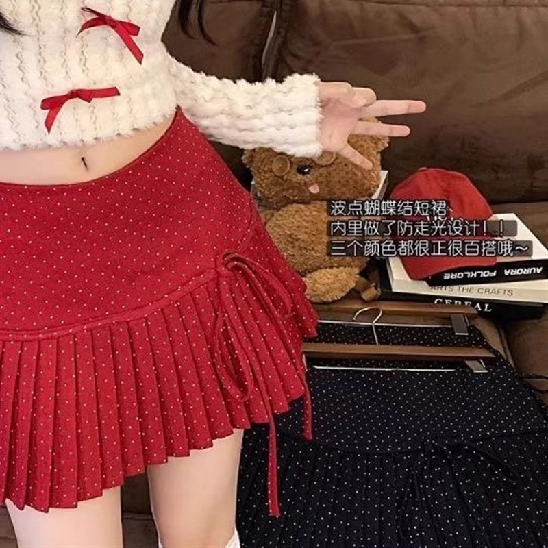 红色波点蝴蝶结百褶l裙女春季2025新款甜美风小个子通勤百搭a字裙