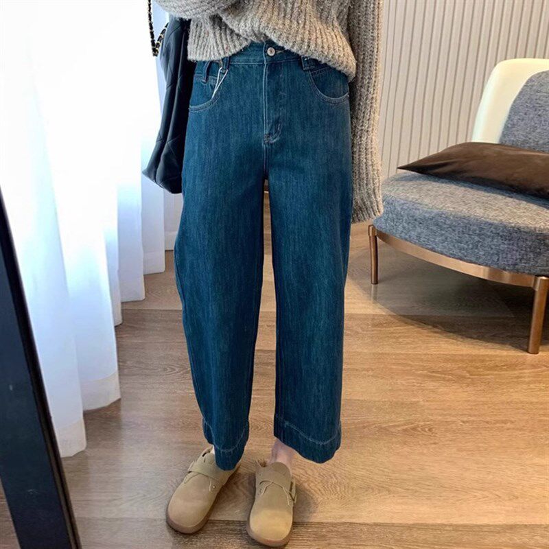 梨型身材九分直筒牛仔裤女大码春季胖妹妹宽松显瘦小个子阔腿裤子