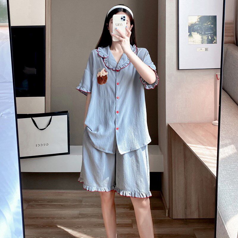 夏季薄款加大码睡衣女200斤梭织棉短袖开衫宽松胖妹妹家居服套装