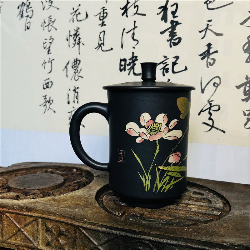 五土堂 云南建水紫陶办公杯茶杯浮雕彩填带滤网水.杯白泥盖碗
