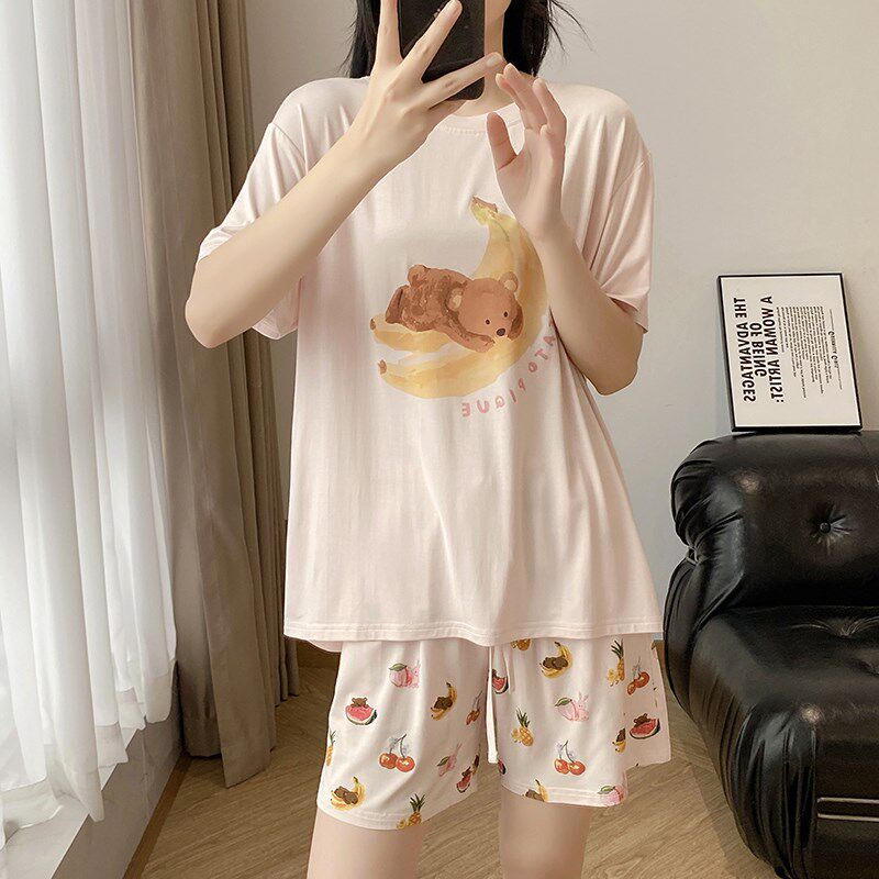 水果熊睡衣女夏季薄款短袖短裤卡通圆领宽松可外穿家居服套装新款