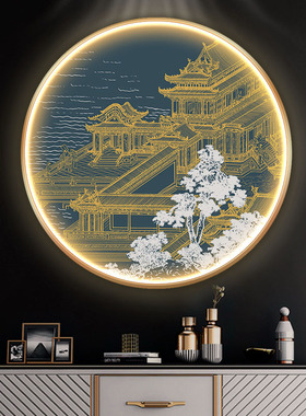 新中式玄关装饰画l带灯灯画圆形发光壁画走廊过道水墨鹤楼背景挂