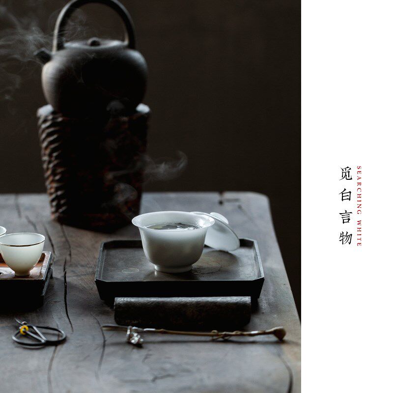 觅白审评盖碗薄胎不烫手茶具纯白高透玉瓷K反口防烫二才若深工夫