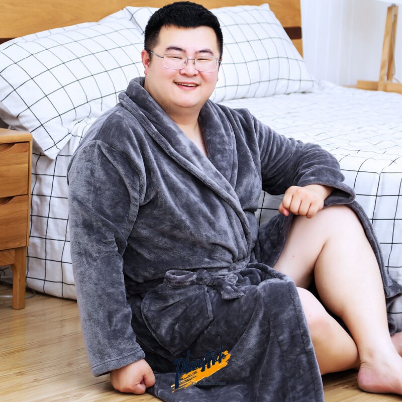 冬季睡袍男加肥加大300斤胖子宽松加绒加厚睡衣长款法兰绒浴袍5XL