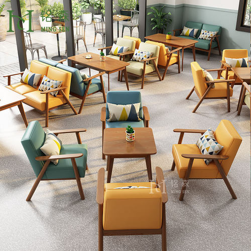 实木咖啡厅沙发书吧休息区桌椅组合甜品店奶茶店休闲洽谈双人沙发