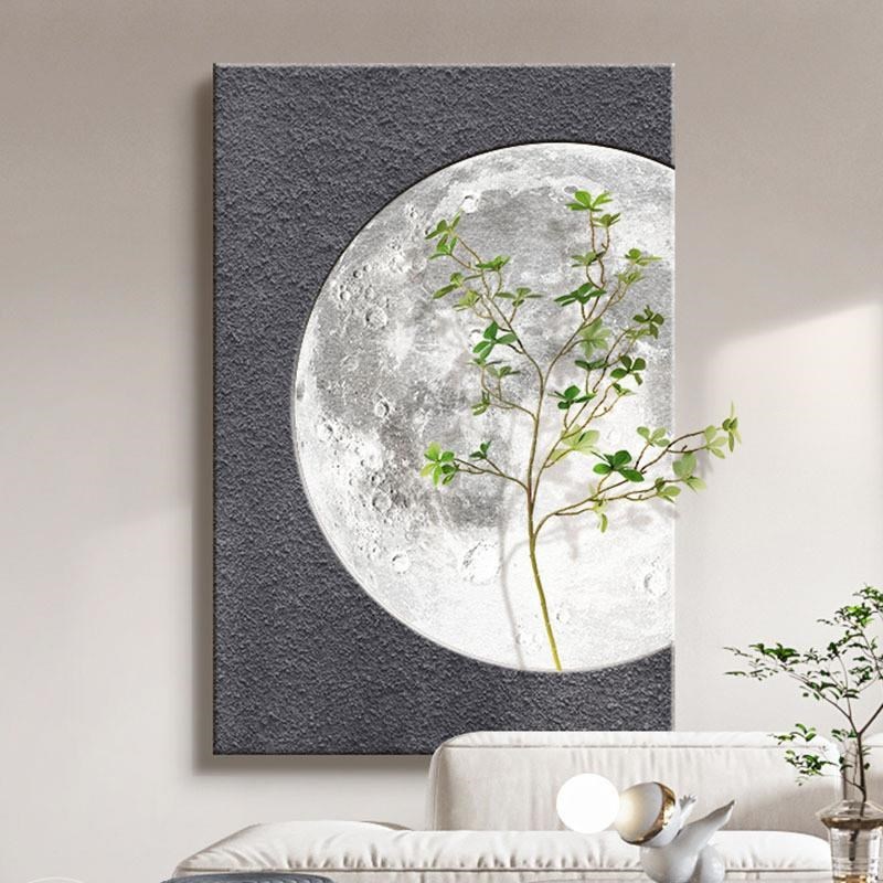 侘寂风玄关立体实物装饰画高级客厅沙发背景墙画月球走廊过道挂画