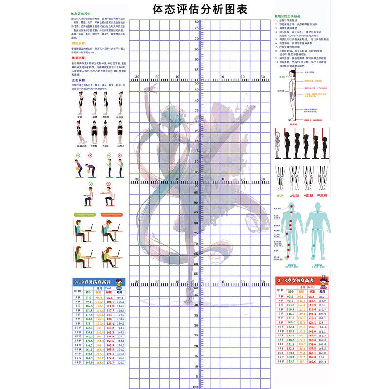 青少儿体态评估表身高站姿体测表男孩女孩测量图幼儿形体评估图表
