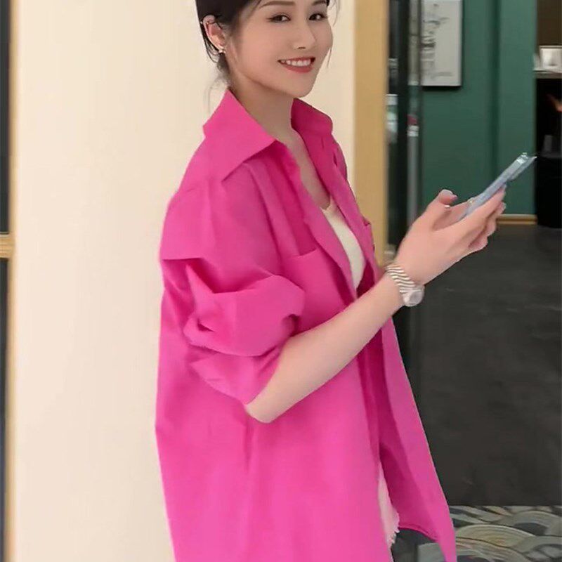 火龙果玫粉色衬衫女夏季r新款高级感气质显瘦宽松百搭显白防嗮衬