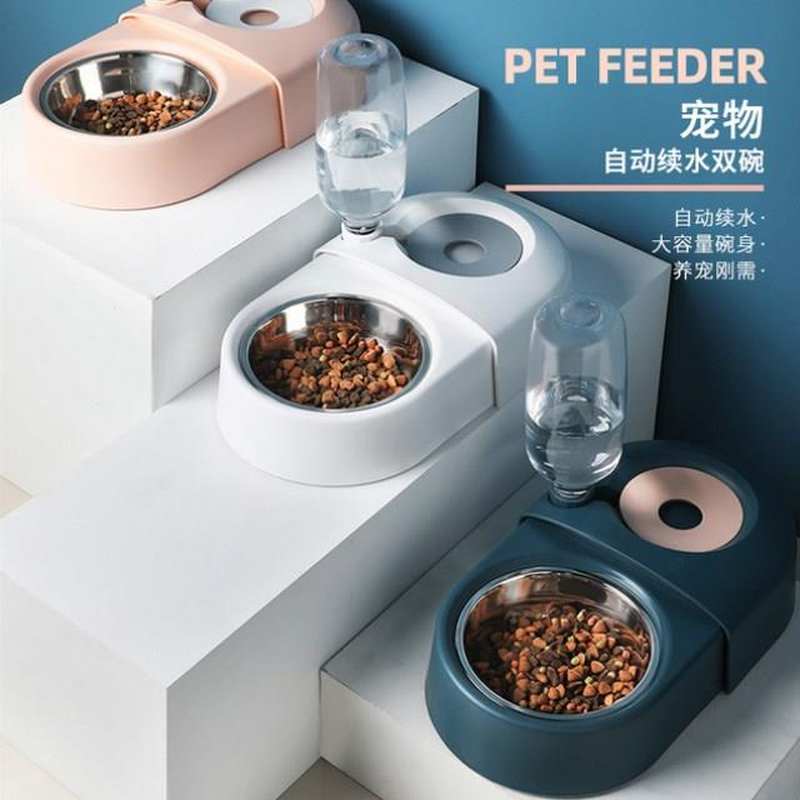 不湿嘴猫碗自动饮水双碗猫咪饭碗碗防打J翻狗食盆狗狗喝水碗宠物