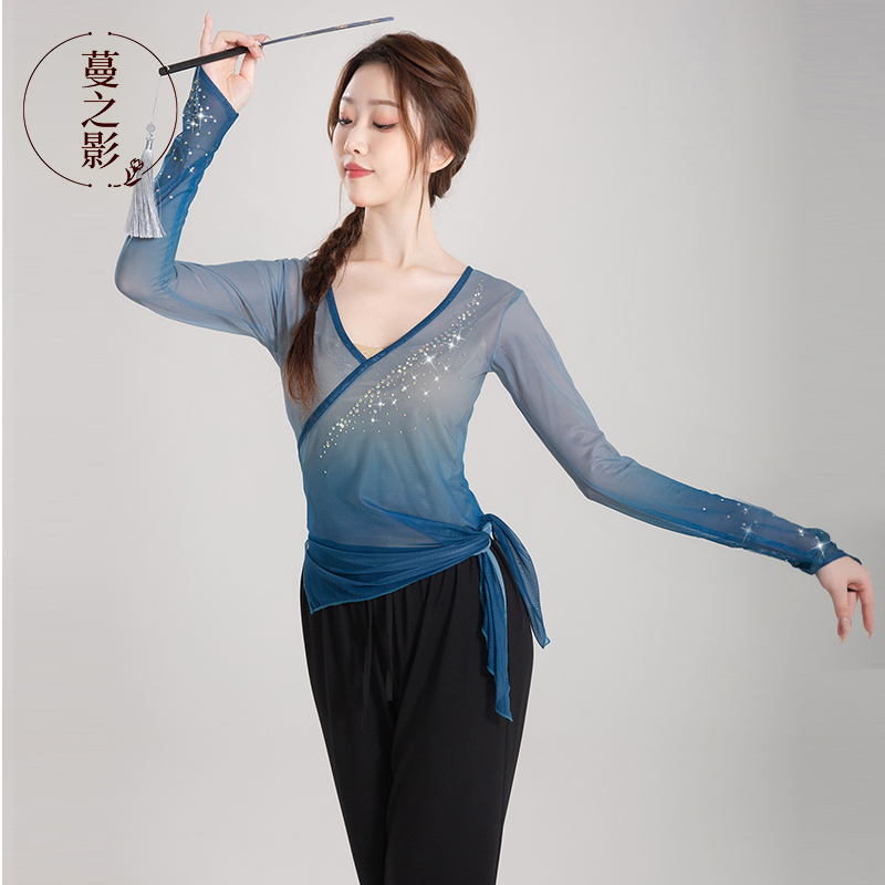古典舞身韵纱衣春夏长袖练功服现代舞表演服烫钻仙气艺考舞蹈服女