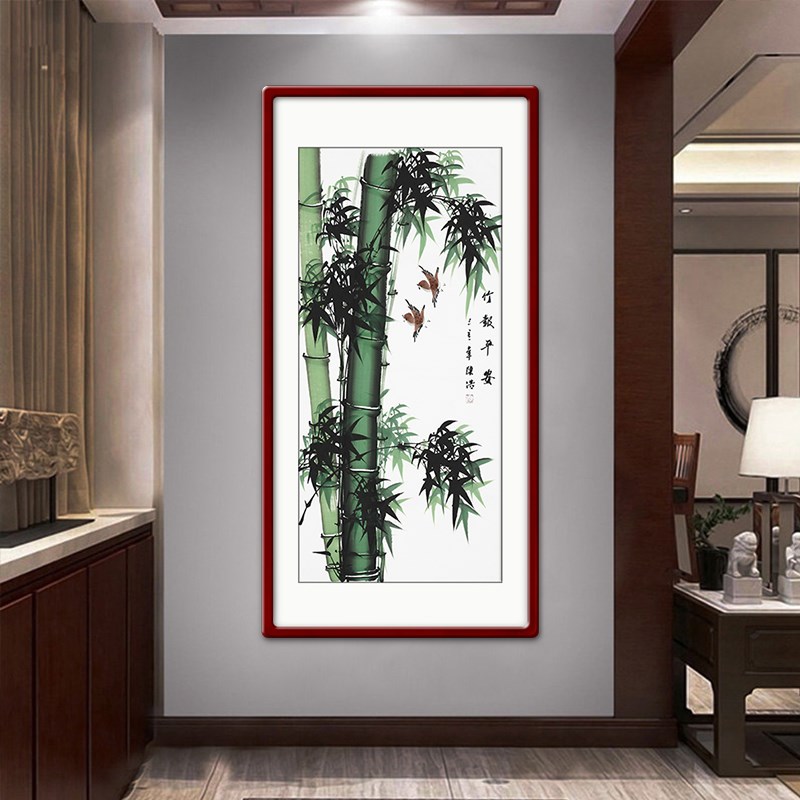 纯手绘牡丹竹子竖版水墨挂画客厅走廊壁画中式国画入户玄关装饰画