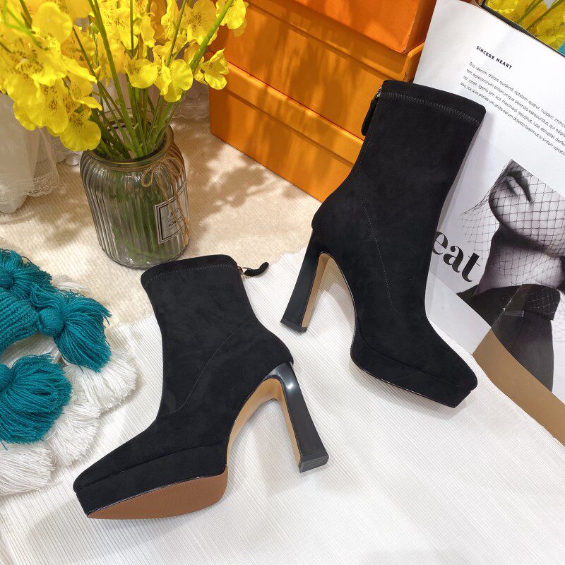 2023新款细高跟防水台短靴子磨砂弹力靴瘦瘦靴尖头纯黑色气质女鞋