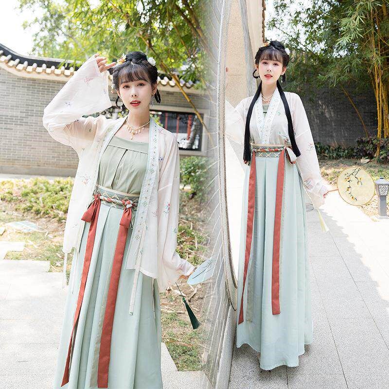 齐腰改良汉服女成人古装2025春款  宋制对襟吊带三裥裙三件套